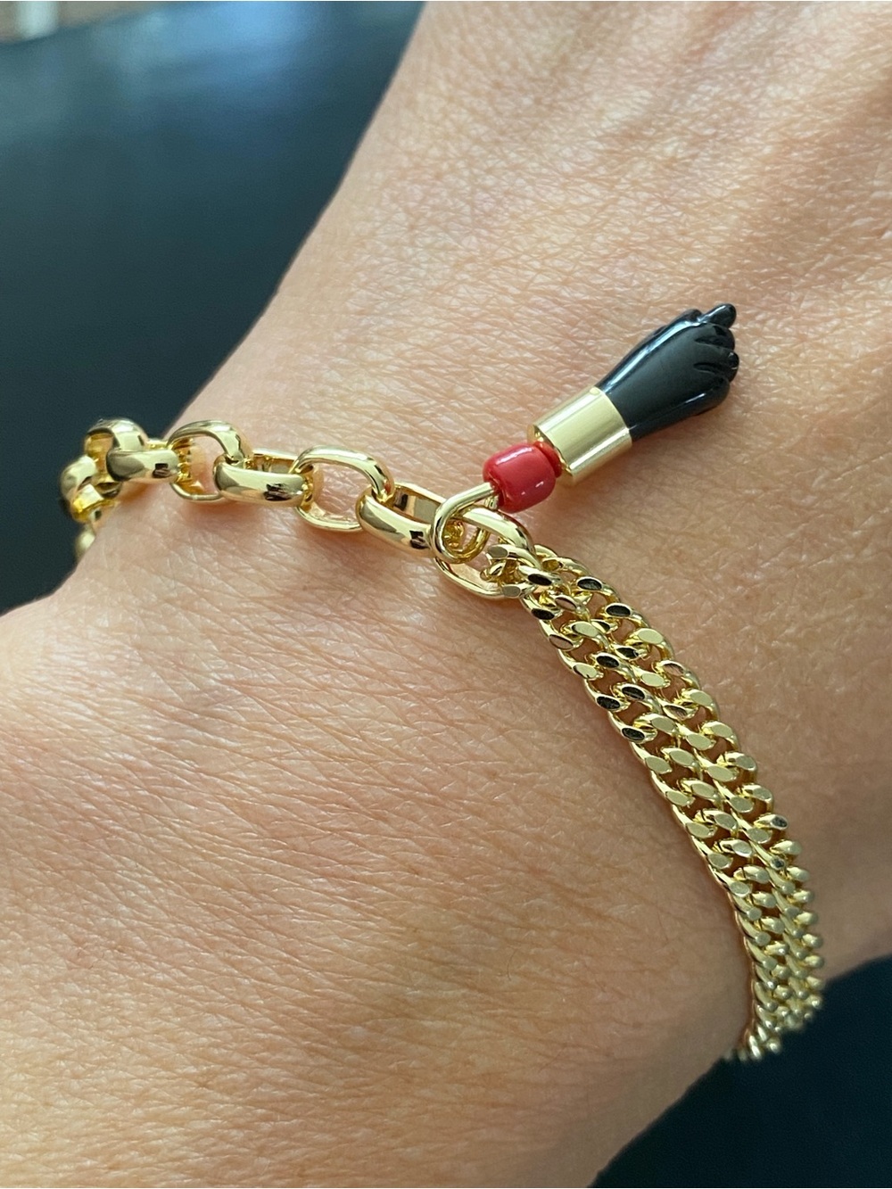 Gold Chain Bracelet with figa hand charm evil eye protection.